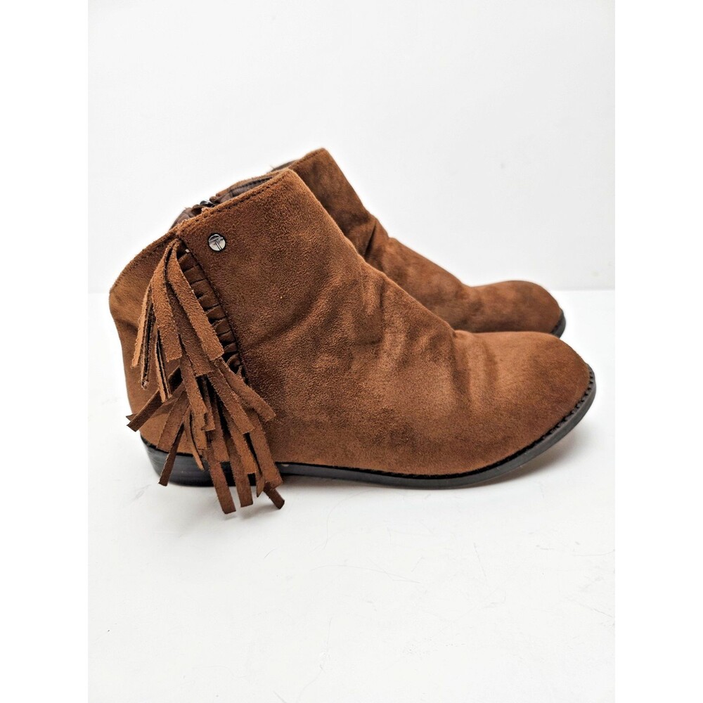 Tahari Ankle Booties sz 4Chestnut Brown Suede Fringe Block Heel